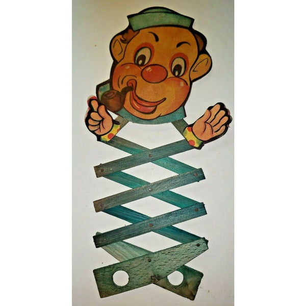 Vintage 1940's green wooden jumping scissor action toy clown old store stock