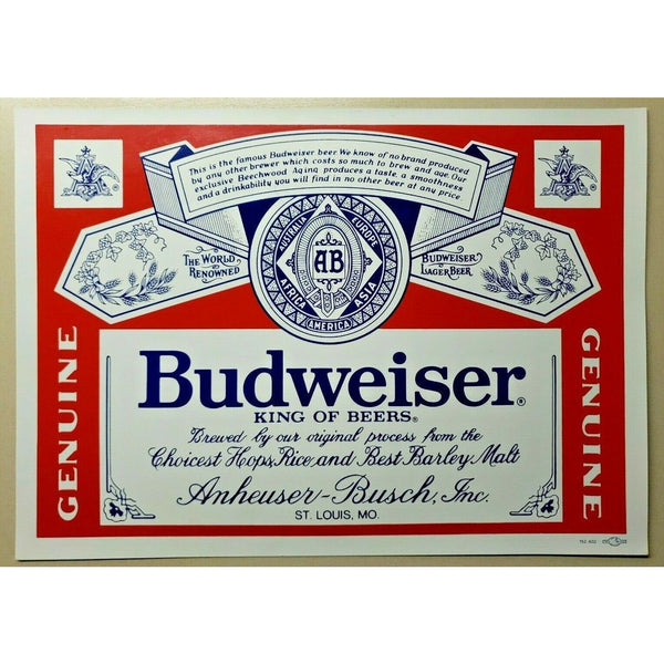 Vintage Genuine Budweiser Sticker Anheuser Busch Beer 13" x 9 5/16" Unsued