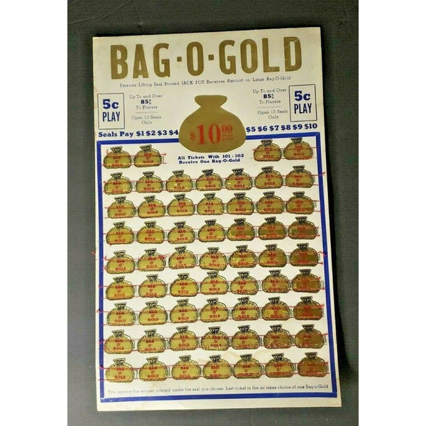 Vtg 1940s Bag O Gold 5 Cent Play Jackpot Punch Board Gambling Unused NewOldStck