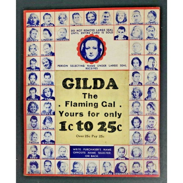 Old Hollywood Movie Film Star Punch Board Gambling Gilda The Flaming Gal Prize