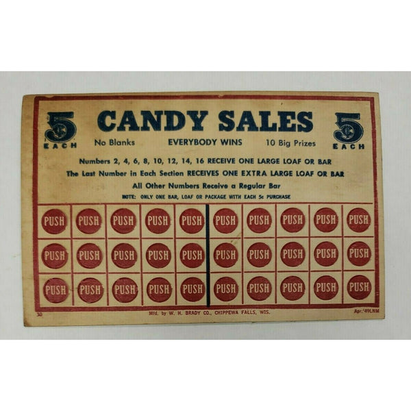 Vintage Candy Sales Punch Board Gambling Display Card New Old Stock