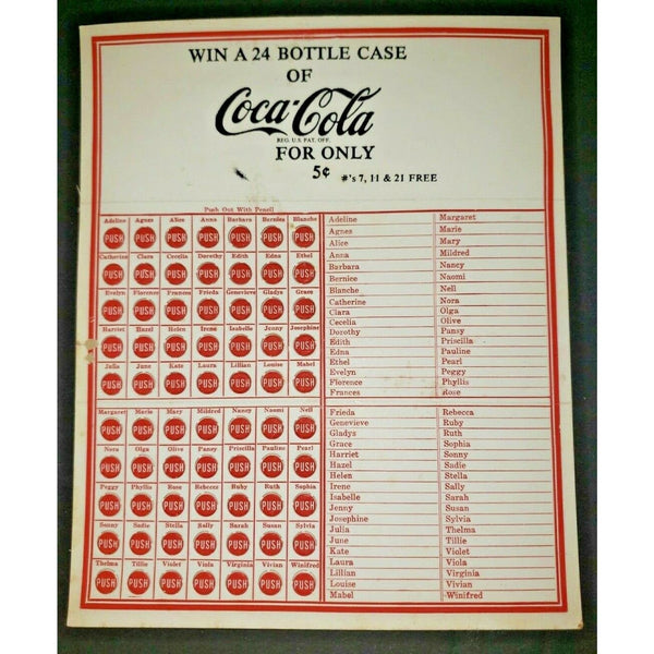 Vintage 5c Coca Cola Punch Board Coke Advertiising Card unused old emphemera