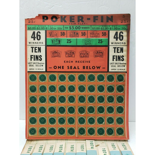 Vintage 25 Cent Poker - Fin Pull Tab Punch Board Gambling New Old Stock Rare