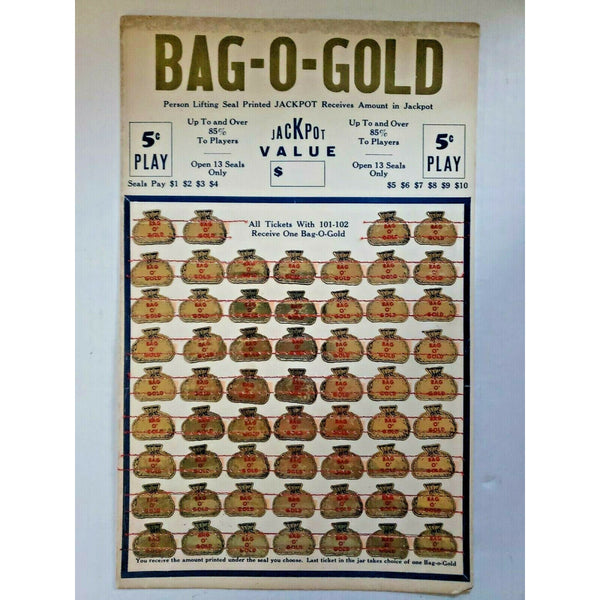 Vintage 1940s Bag O Gold 5 Cent Play Jackpot Punch Board Gambling Unused NOS