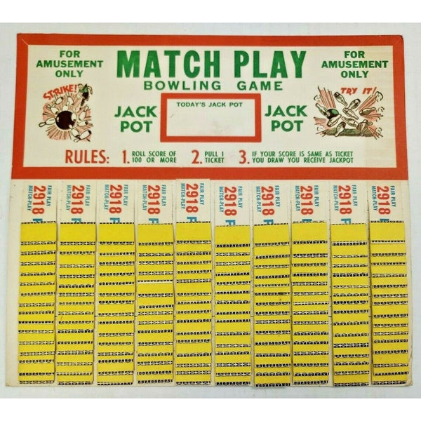 Vintage Match Play Bowling Game Punch Board Pull Tab Gambling Board New Old Stoc