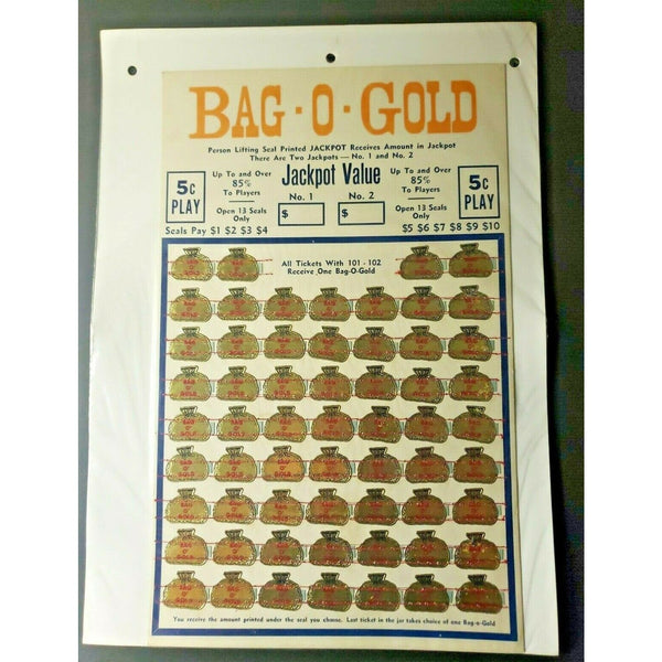 1940s Bag O Gold 5 Cent Play Jackpot Punch Board Gambling Unused Old Store Stock