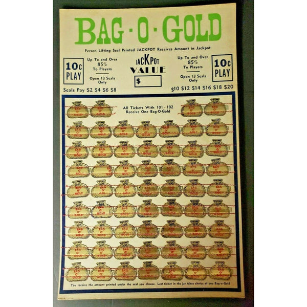 VTG 1940s Bag O Gold 10 Cent Play Jackpot Punch Board Gambling Unused NewOldStck