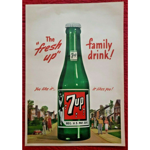 Vintage 1948 7up The Fresh Up Family" Store Display Sign 19"x13" Poster NOS 105