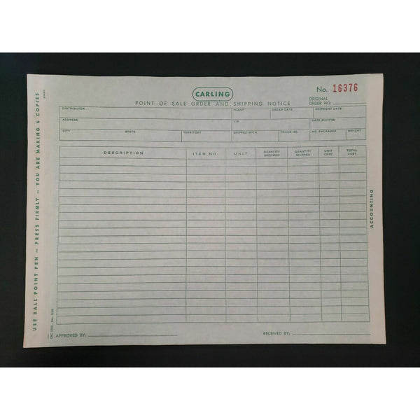 Carling Brewing Co Point of Sale Order & Shipping Notice 6 Pg Carbon Copy Form