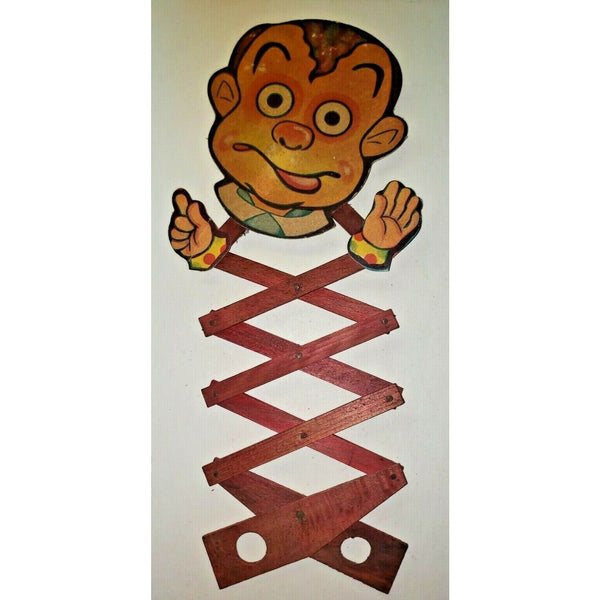 Vintage 1940's red wooden jumping scissor action toy clown old store stock