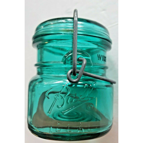 Ball Ideal Blue Green Glass Half Pint Wire Top Jar Lid Bicentennial Eagle NOS
